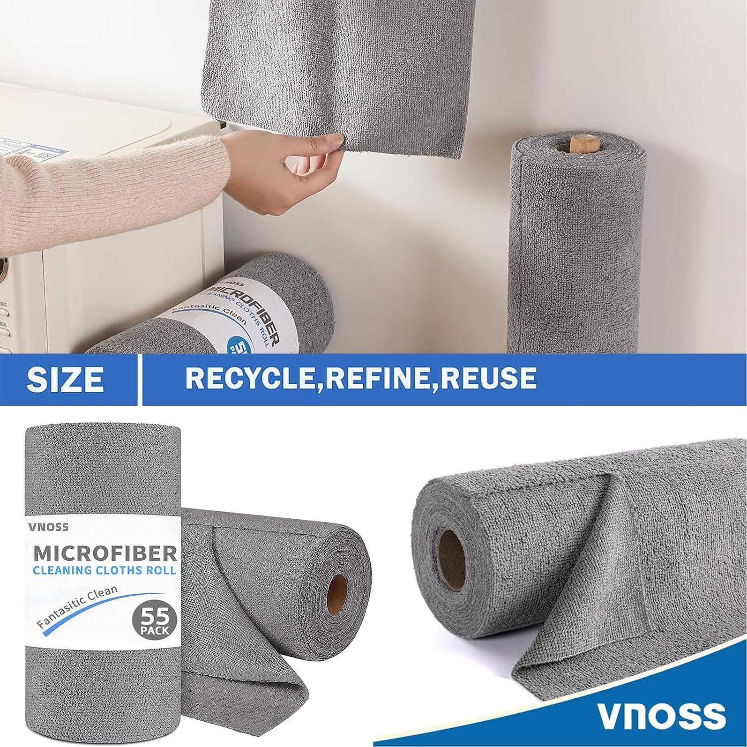 55 Pack Microfiber Cleaning Cloth Roll, Tear Away Reusable Towels, 11″ X 9″, …