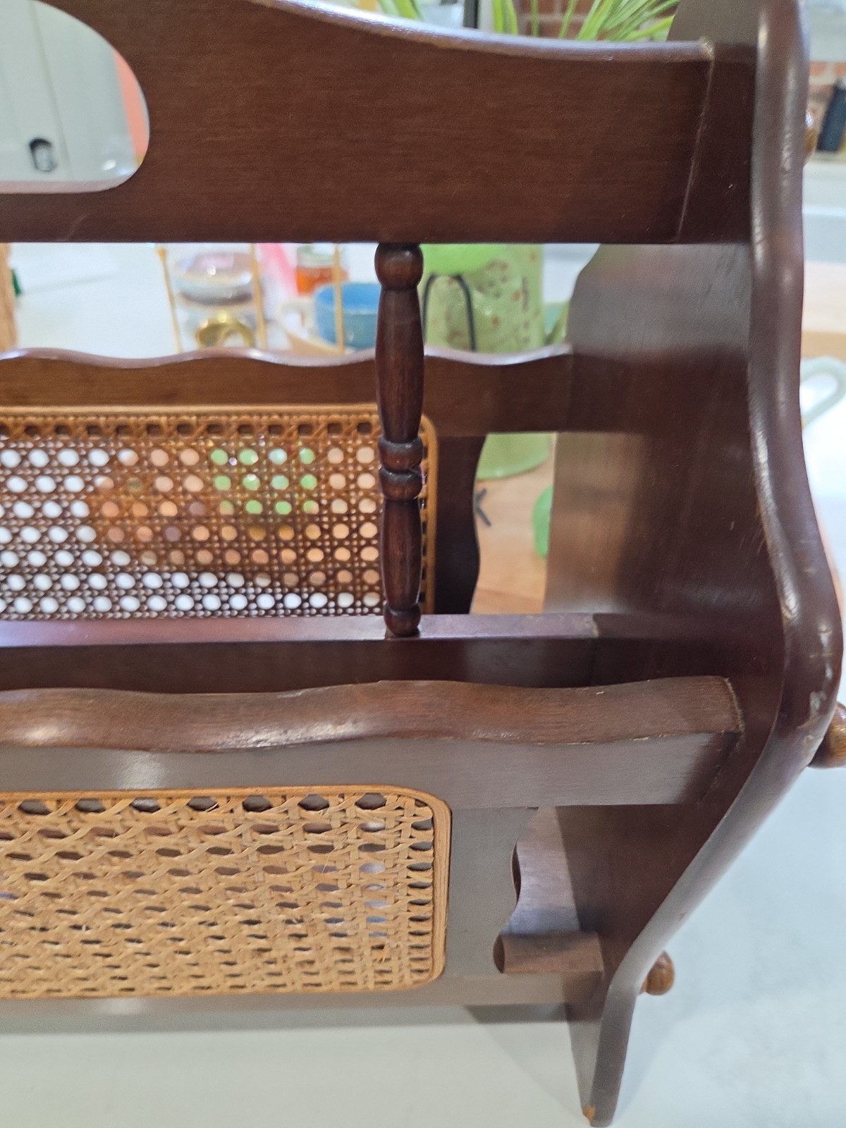 Vintage MCM Wood Wicker Rattan Cane Magazine Book Record Rack Holder Jay Imports