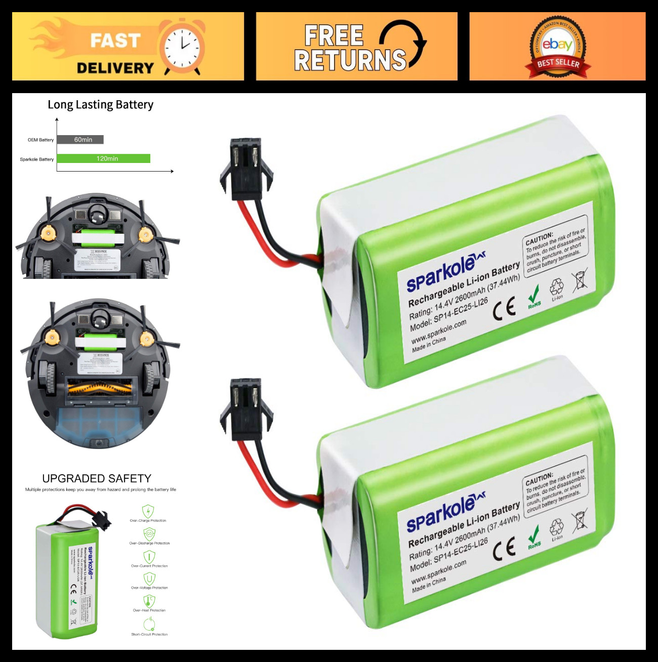 2 Pack 14.4V 2600mAh Replacement Battery for Ecovacs & Eufy Robotic Vacuums