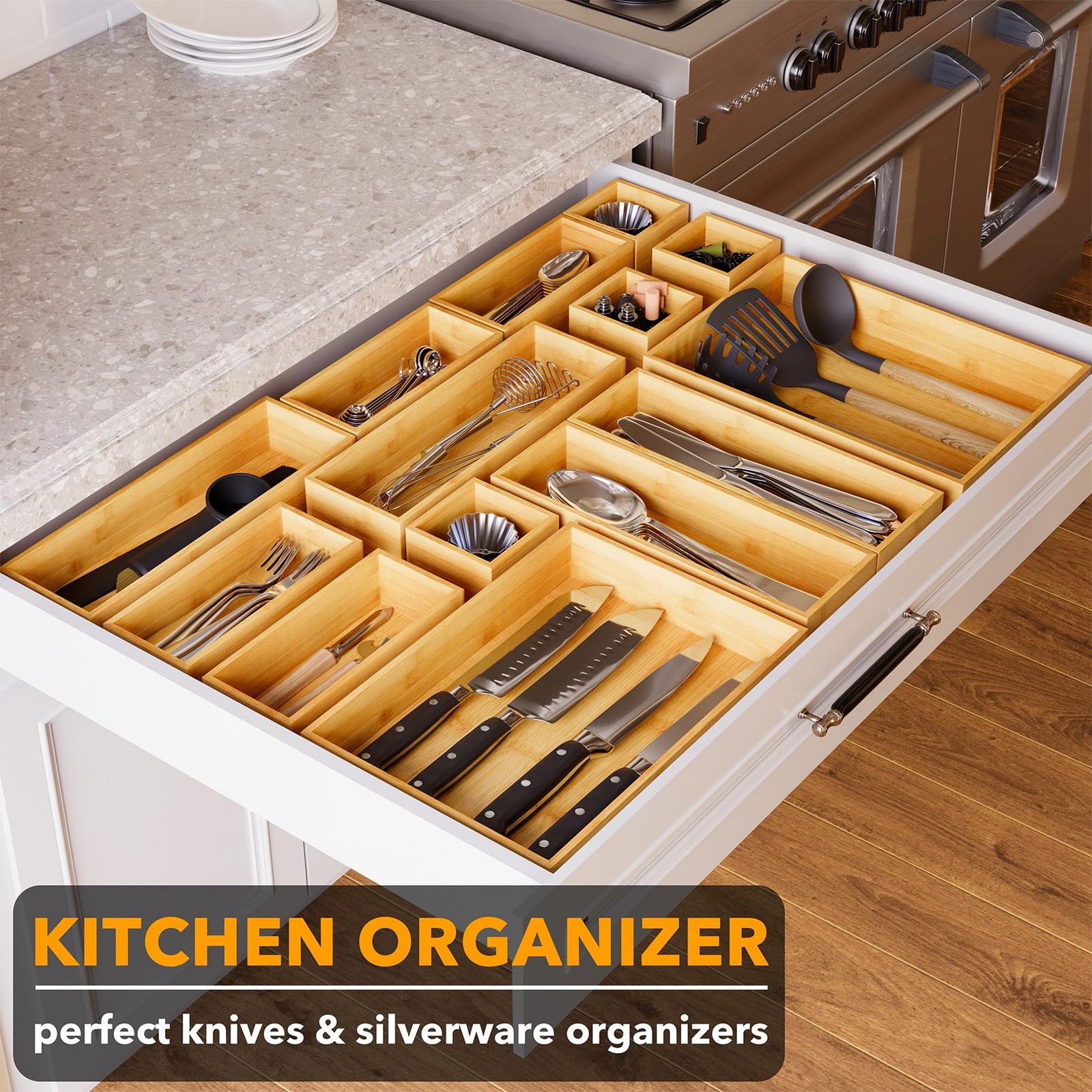 SpaceAid 14Piece Bamboo Drawer Organizer Storage Boxes Set, Wood Tray Junk Dr…