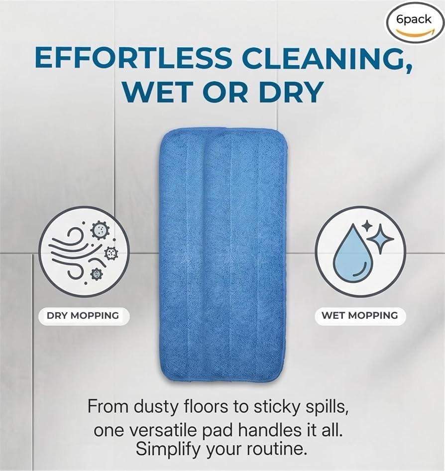 Microfiber Replacement Mop Pad 18″ x 6″ Wet & Dry Home & Commercial Cleaning 6pk