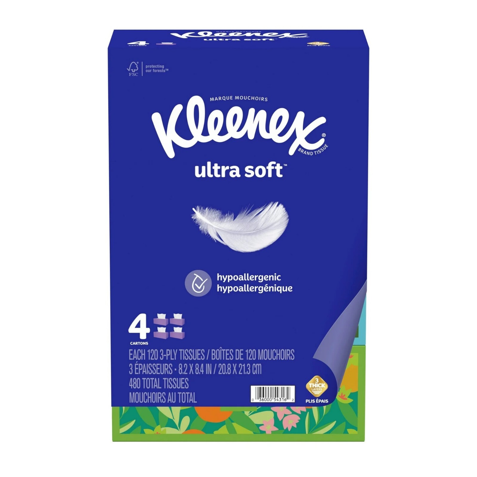 Kleenex Ultra Soft Facial Tissues, 4 Flat Boxes, 120 Tissues per Box, 3-Ply