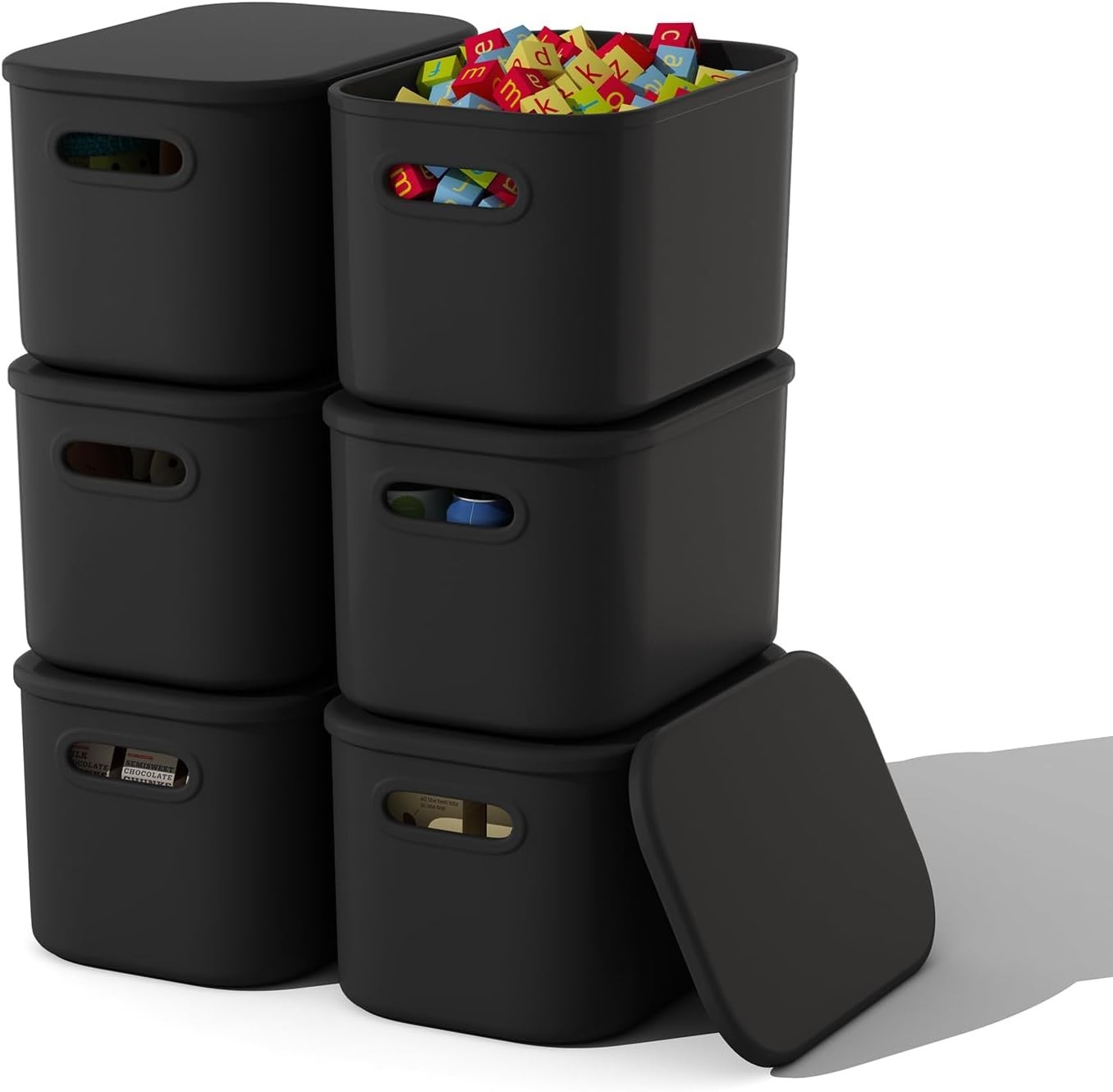 Stackable 6 Pack Black Storage Containers with Flip Top Lids for Versatile Use