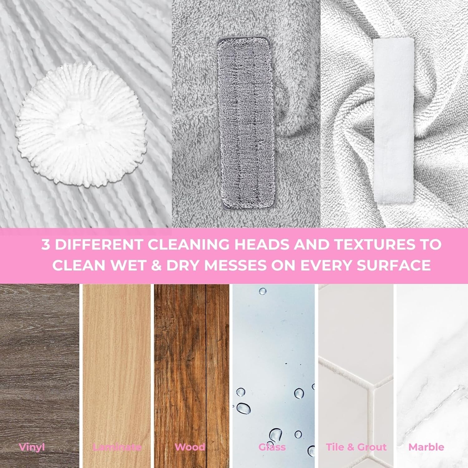 True & Tidy 360 Spray Mop with 3 Interchangeable heads, Pink