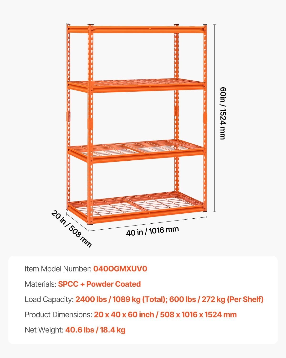 2400 lbs Capacity 4-Tier Heavy Duty Metal Shelving – Adjustable Utility Shelf