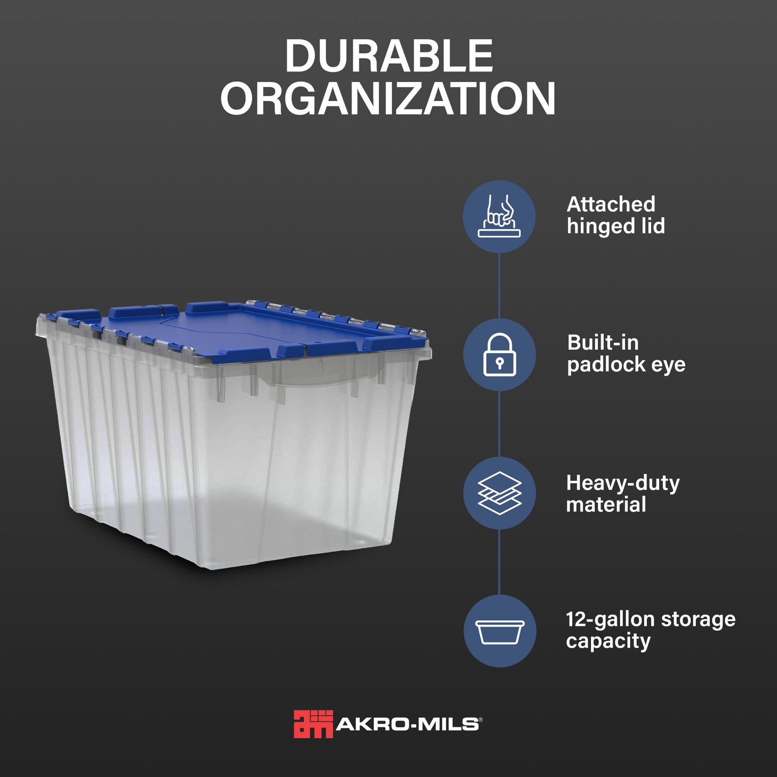 Akro-Mils KeepBox 12 Gal Plastic Storage Bin, Stackable Tote w/ Lid, Clear/Blue