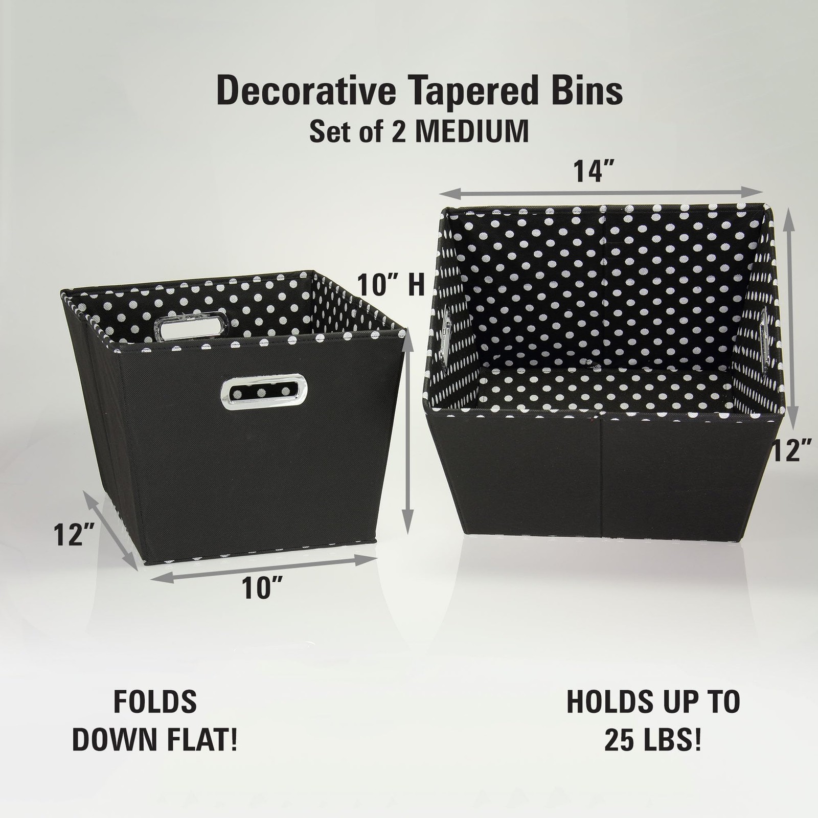 Medium Tapered Decorative Storage Bins 10″H X 12″W X 14″D – Black and White
