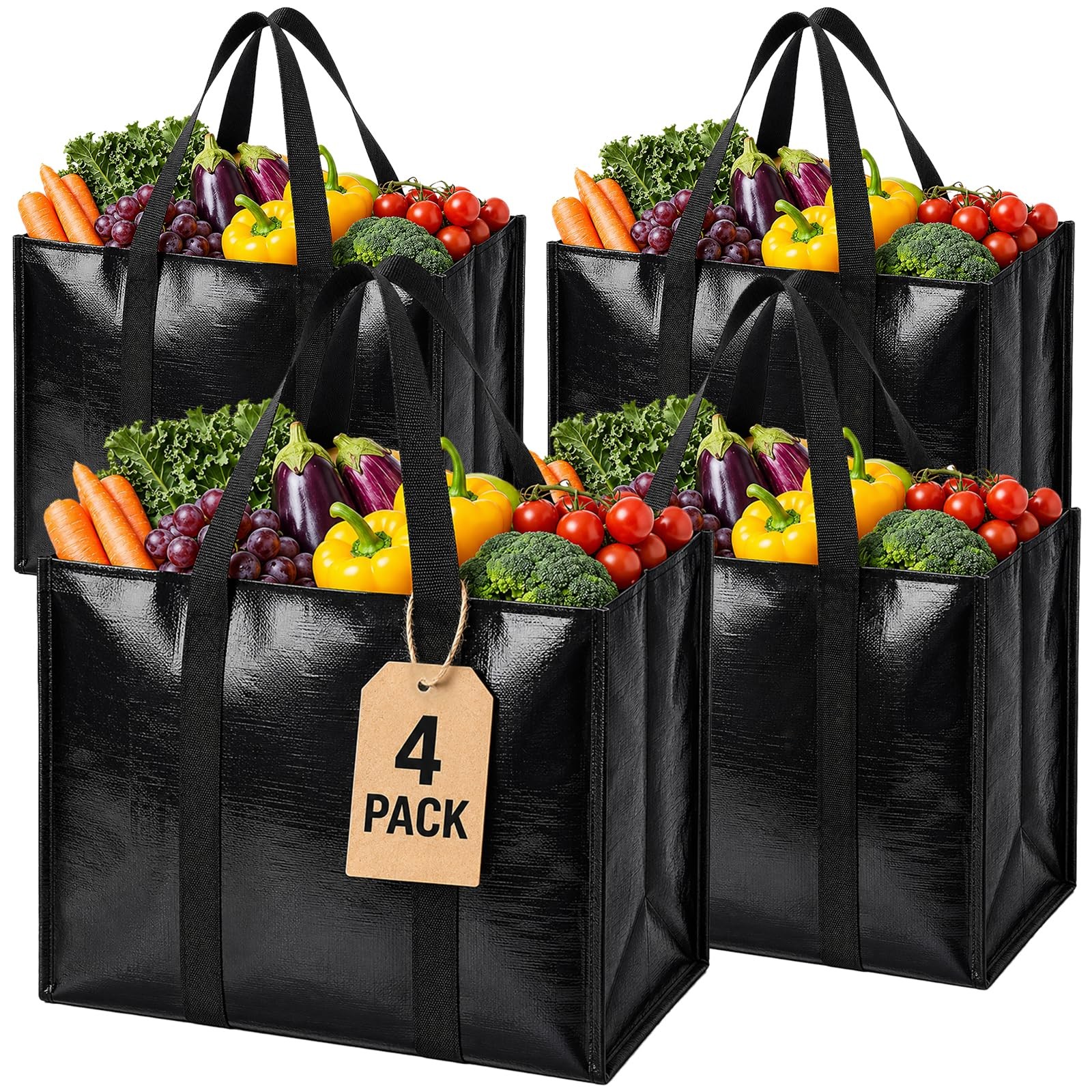 4 Pack Reusable Grocery Bags with Handles Waterproof Shopping Tote Bags