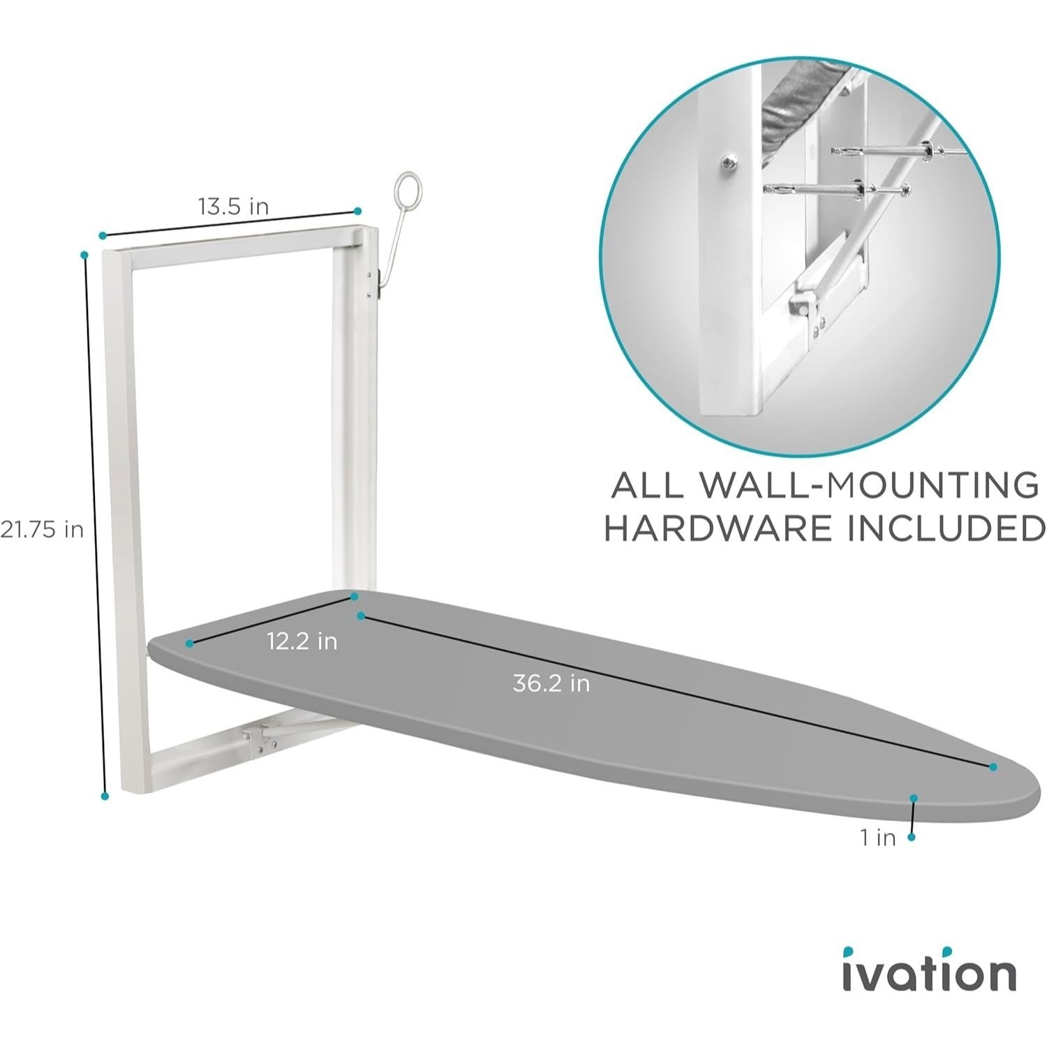 Ivation Wall Mounted Ironing Board Foldable 36×12 Sturdy Station Cover Holder