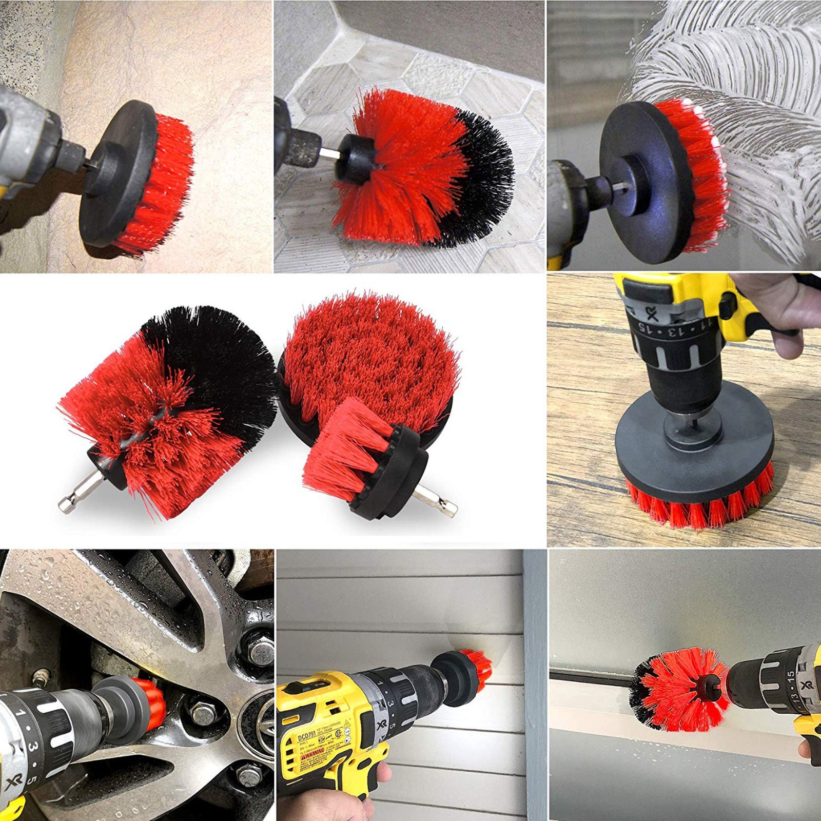 Red 6 Pack Drill Brush Attachment Scrubber Brushes Set Kit with Bit Extension
