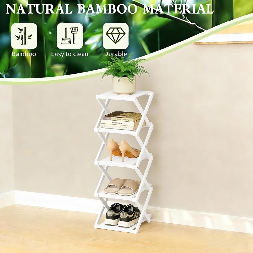 Bamboo Shoe Rack – No Assembly Required, Tall Narrow Foldable Shoe Organizer,…