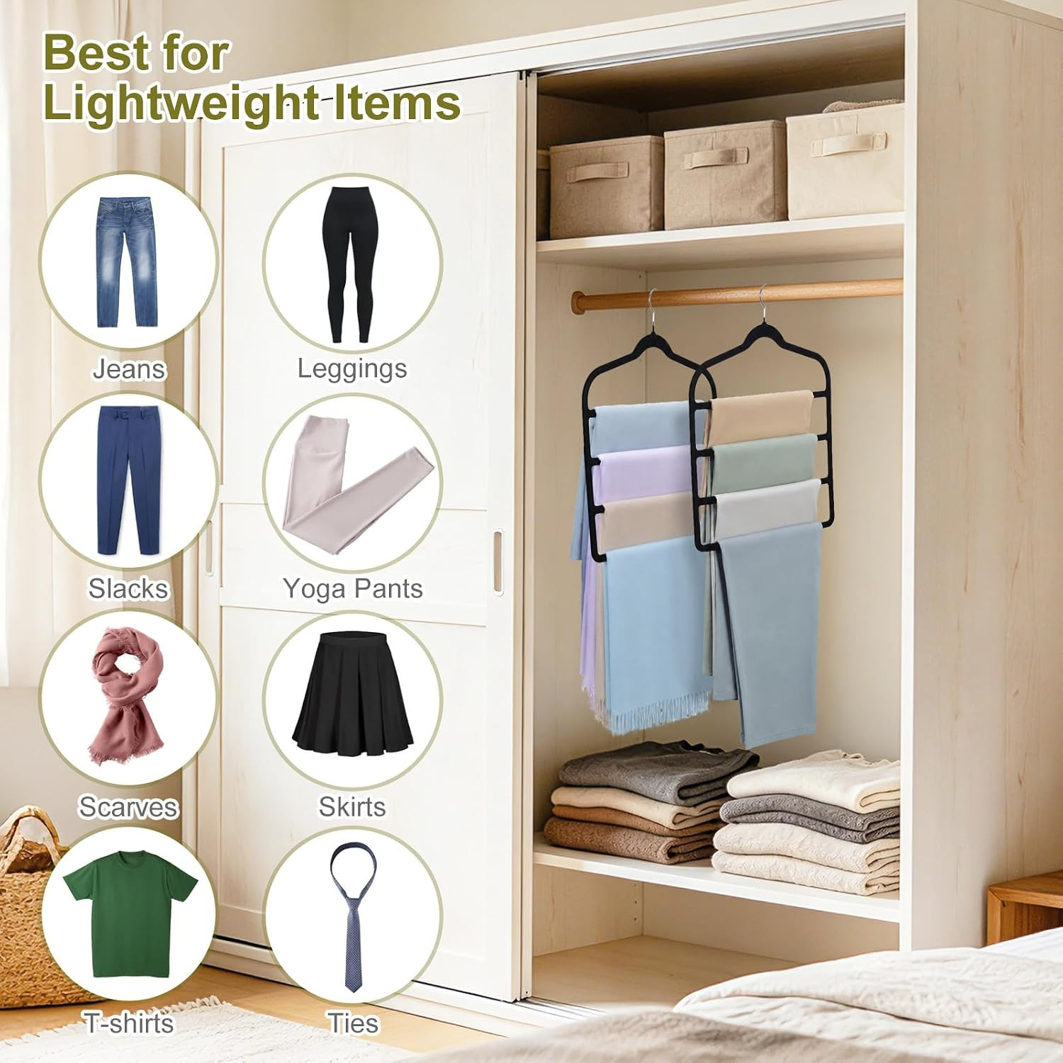 Pants Hangers Space Saving, 2 Pack Velvet-Coated Plastic Multi-Layer