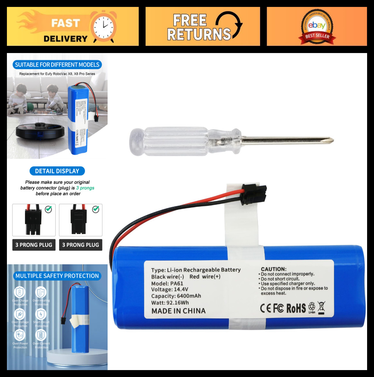 High-Capacity 14.4V 6400mAh Battery for Eufy RoboVac X8 Series | Self-Empty Stat