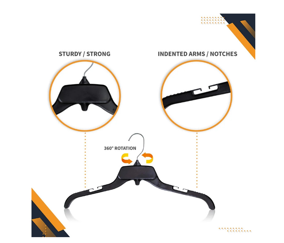 25 Pack Durable Plastic Clothing Hangers with Metal Swivel Hooks, 17 inch,Black