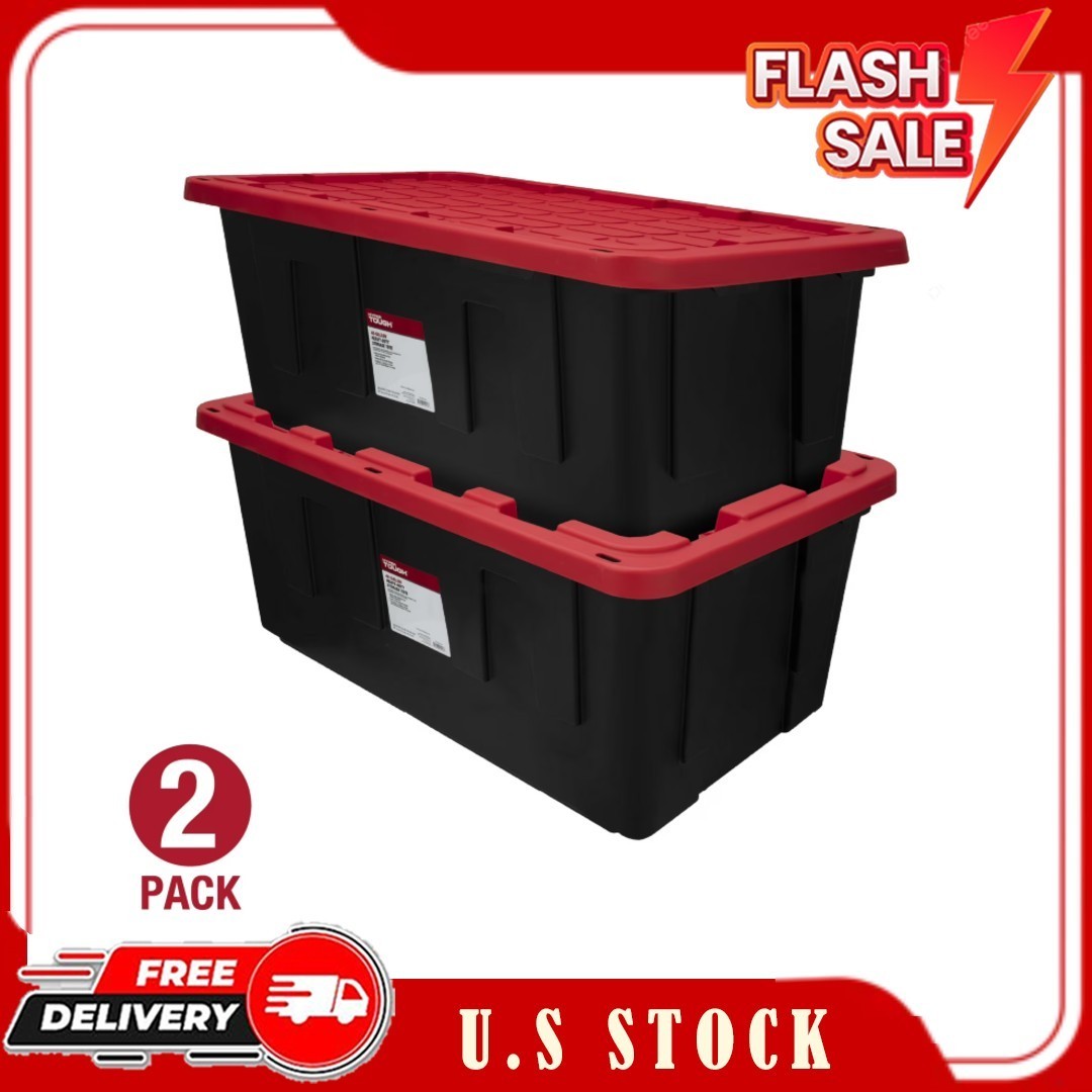 New 2 Pack Hyper Tough 40 Gallon Heavy Duty Storage Bin with Snap Lid Black Red