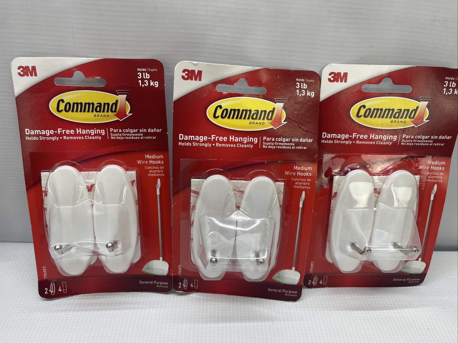 3 X 3M Command Medium Wire Hooks – 2 Hooks 4 Strips EACH – Holds 3 lbs – White