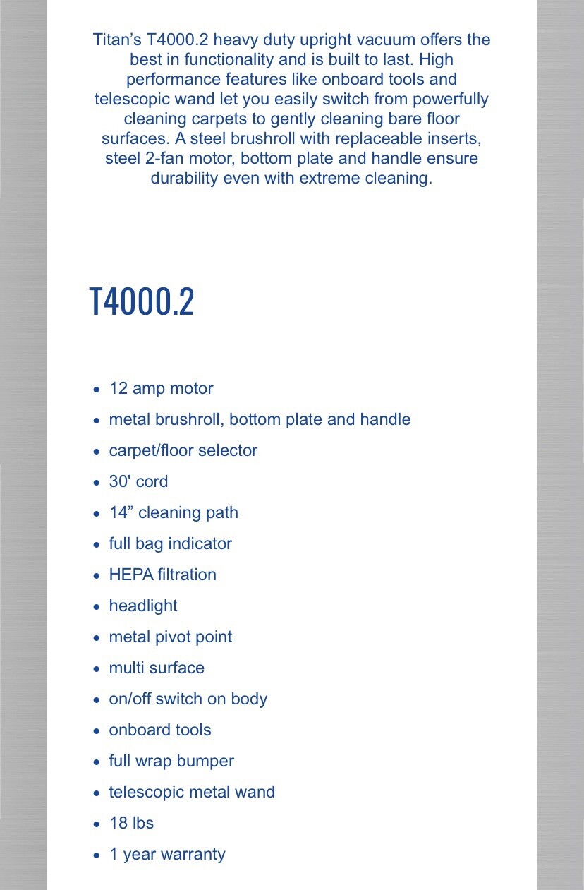 Tacony Titan T4000.2 Heavy Duty Upright Vacuum Cleaner with On Board Tools, Blac