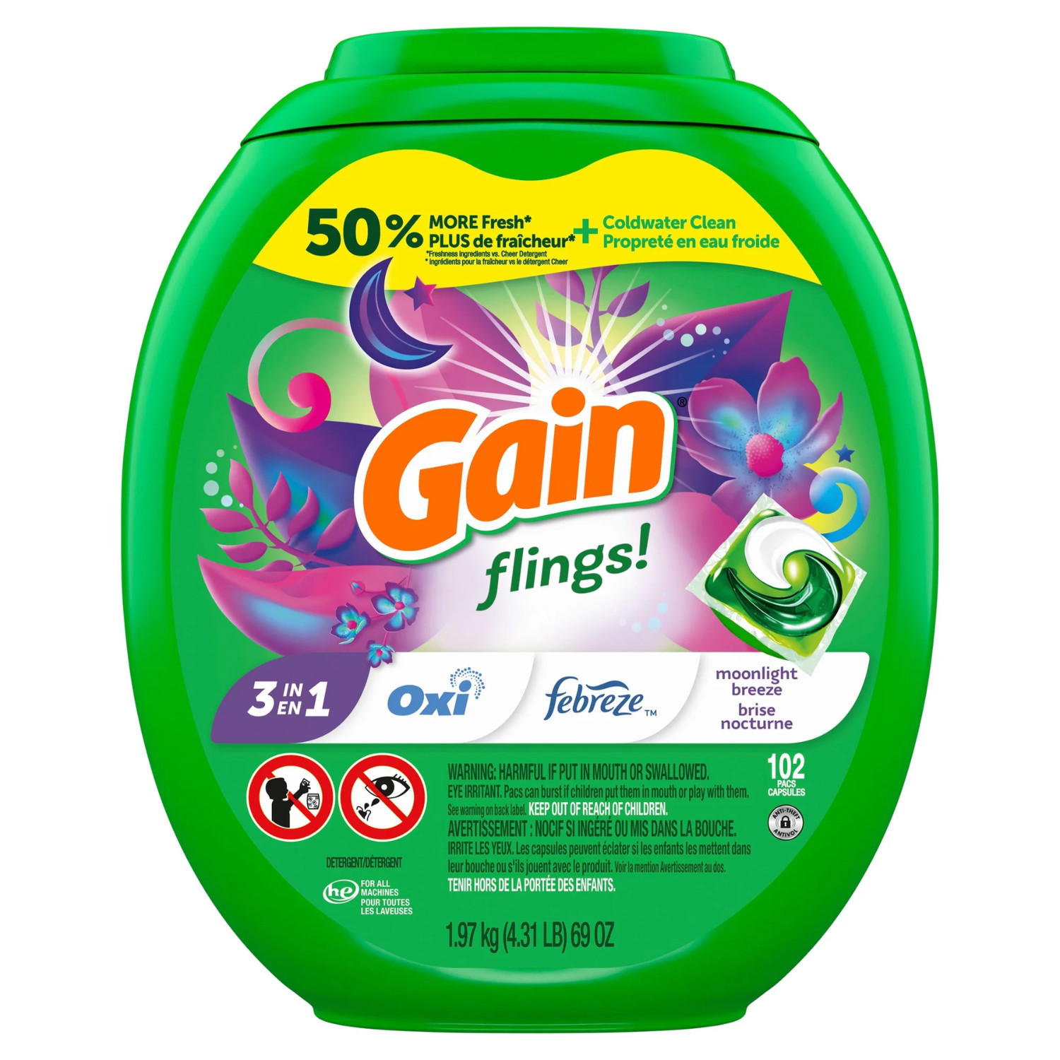 Gain Flings Laundry Detergent Pods 102 Count Oxi Boost Febreze Moonlight