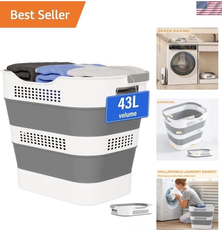 ✨43L (11.5 Gallon) Collapsible Laundry Basket w/Handles College Dorms Gray/white