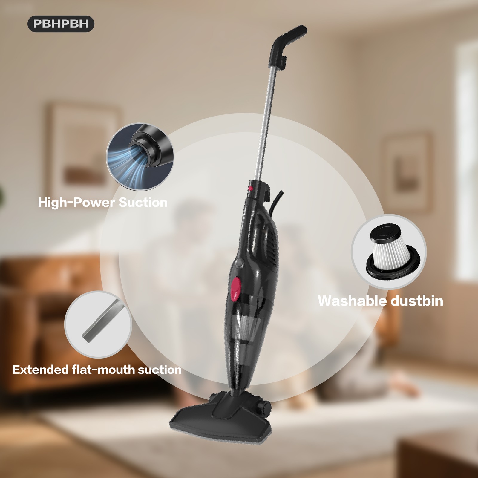 PBHPBH corded vacuum cleaner, 23KPa strong suction, 600W motor, portable vacuum