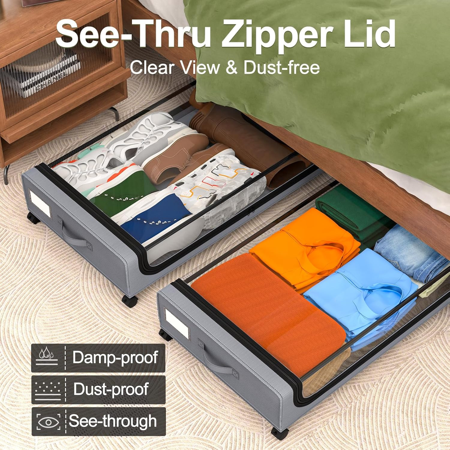 under Bed Storage with Wheels 48L Grey 2-Pack | Rolling Bins for Shoes Clothes i