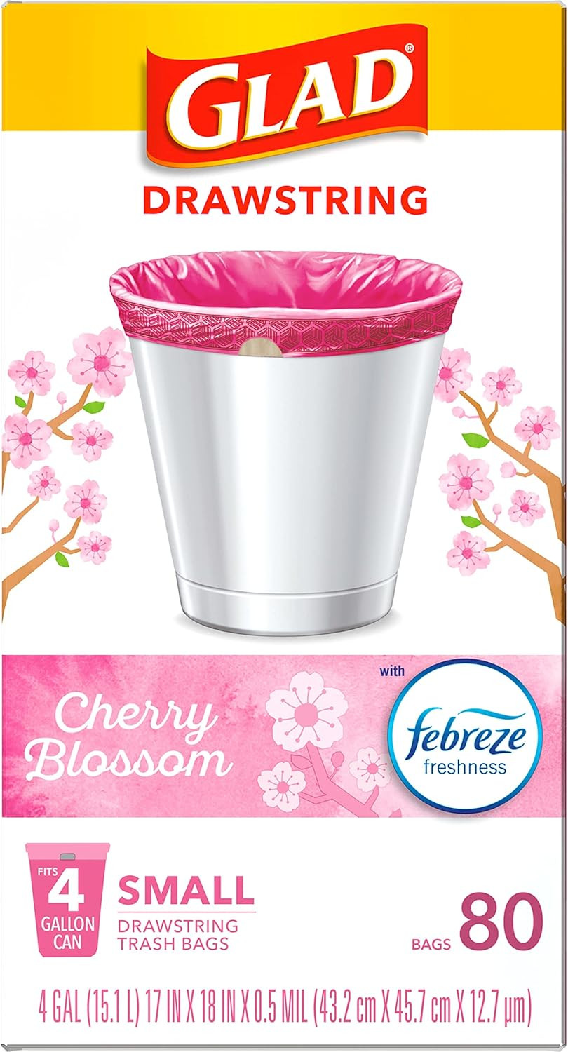 Odorshield Small Drawstring Trash Bags, 4 Gal, Pink, Cherry Blossom, 80 Ct, Pack