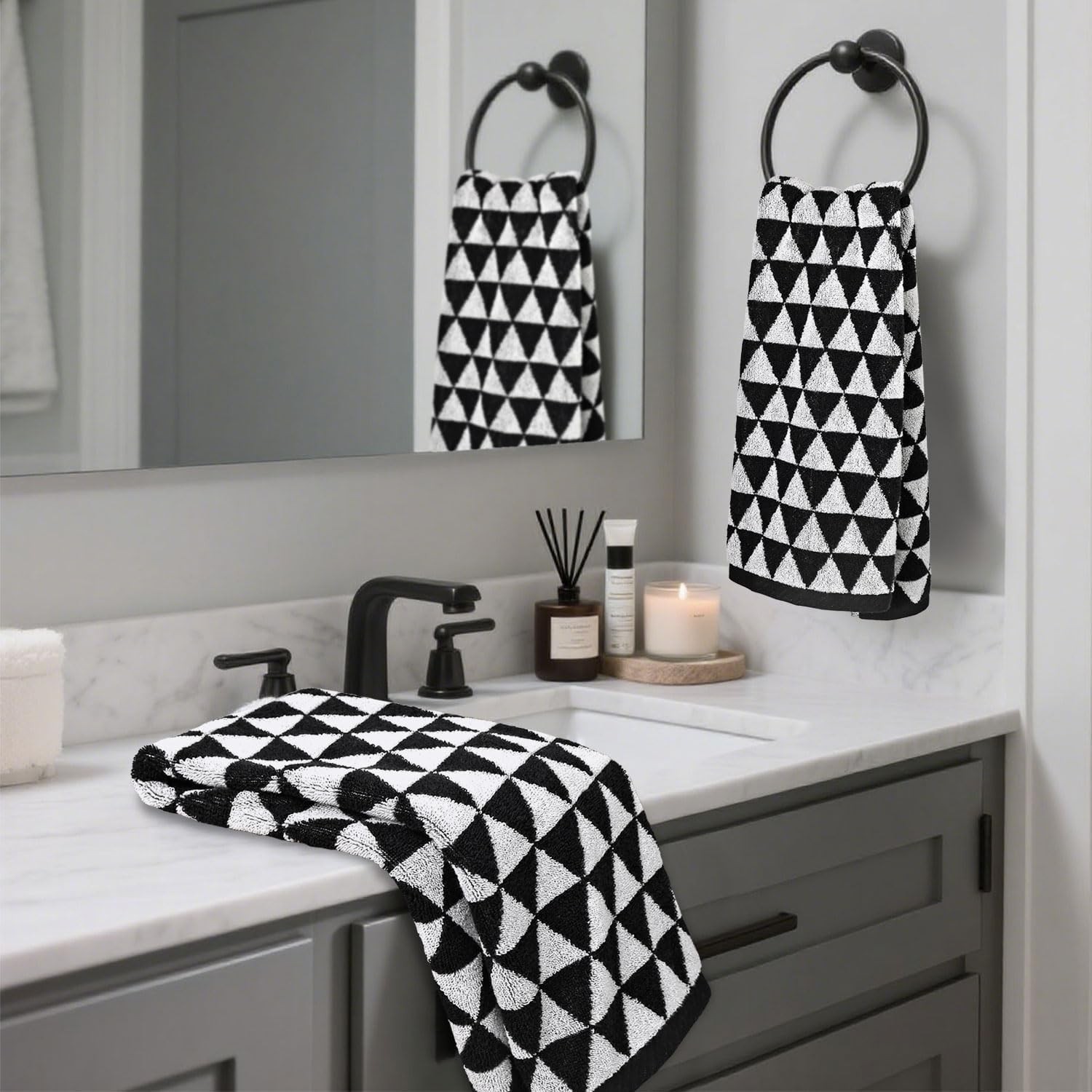 Black and White Hand Towels (Geometric Triangle), 4 Pack Cotton Soft Face Towel