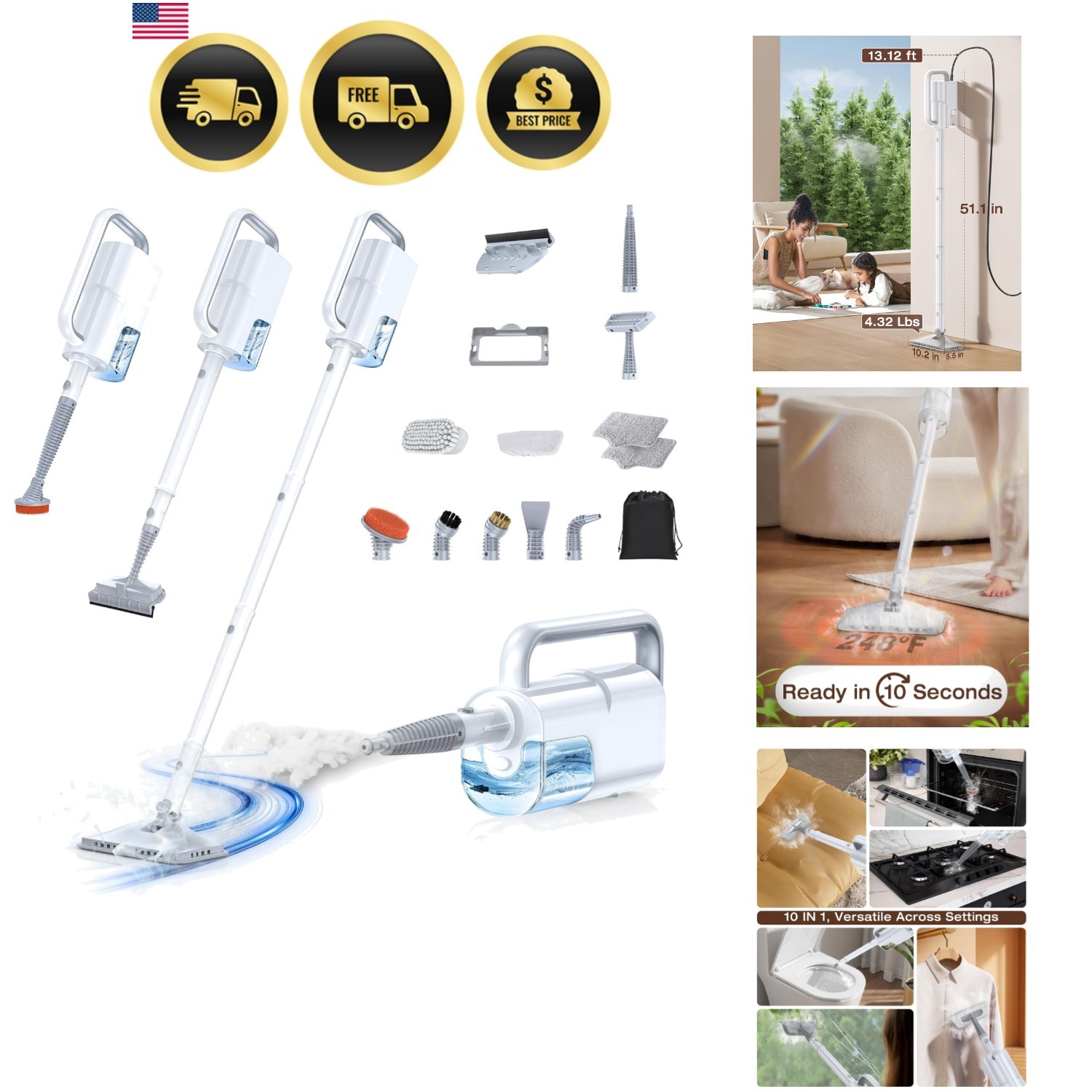 10-in-1 Steam Mop with Detachable Handheld Steamer, 350ml Tank, 10s Heat-Up, …