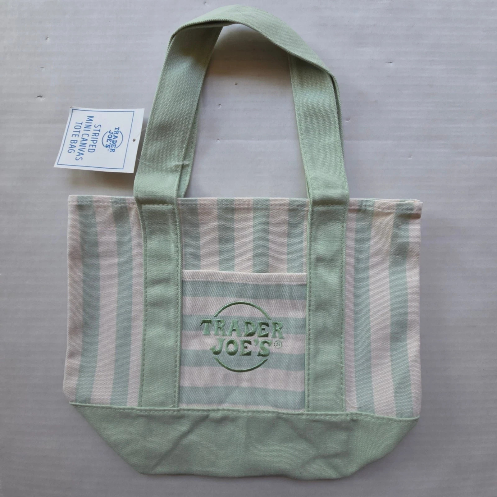 Trader Joe’s MINI Canvas Reusable Bag, w/ Off White or Tan, LIGHT GREEN STRIPES