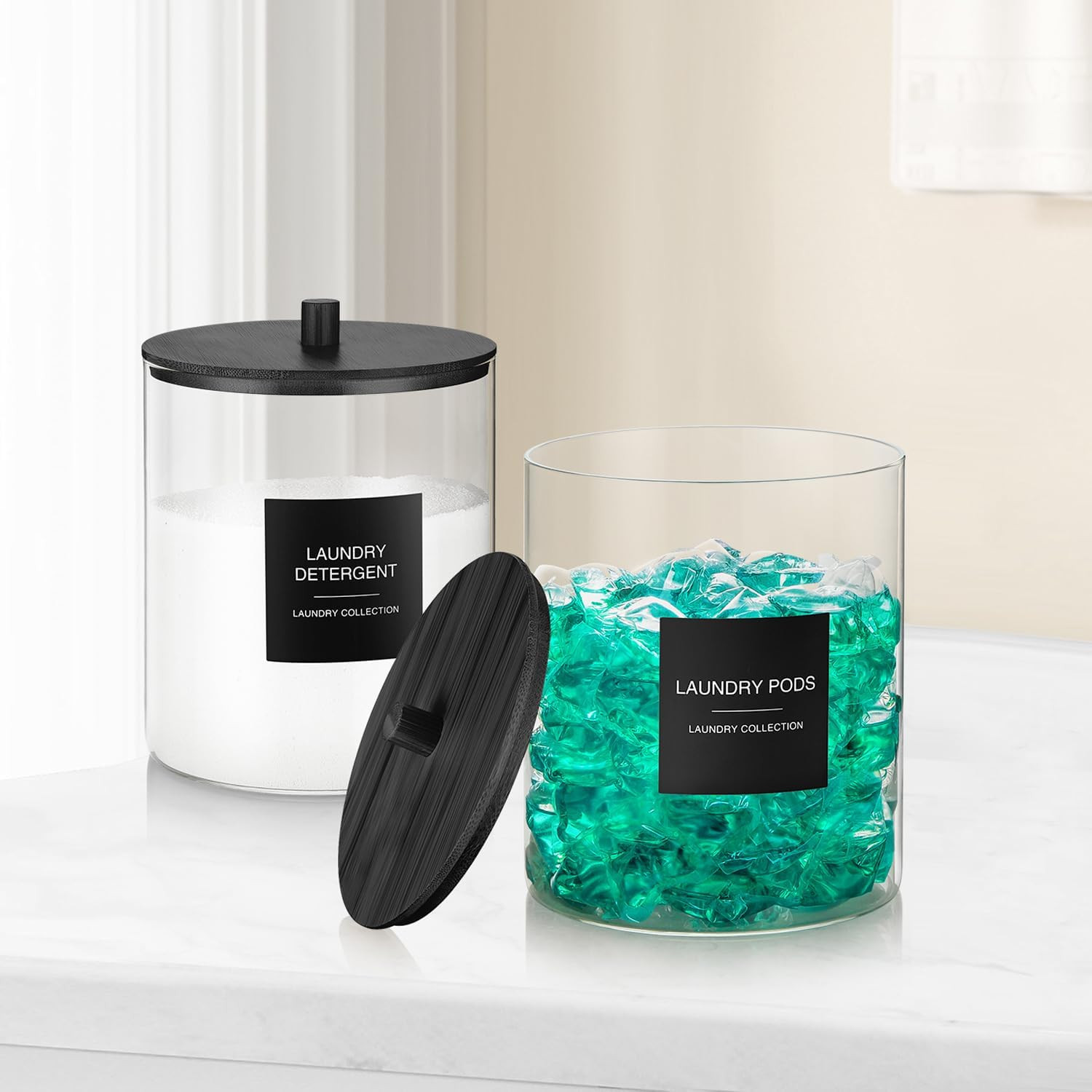 Glass Jars for Laundry Room Organization, Laundry Pods Container with 27 Labels,
