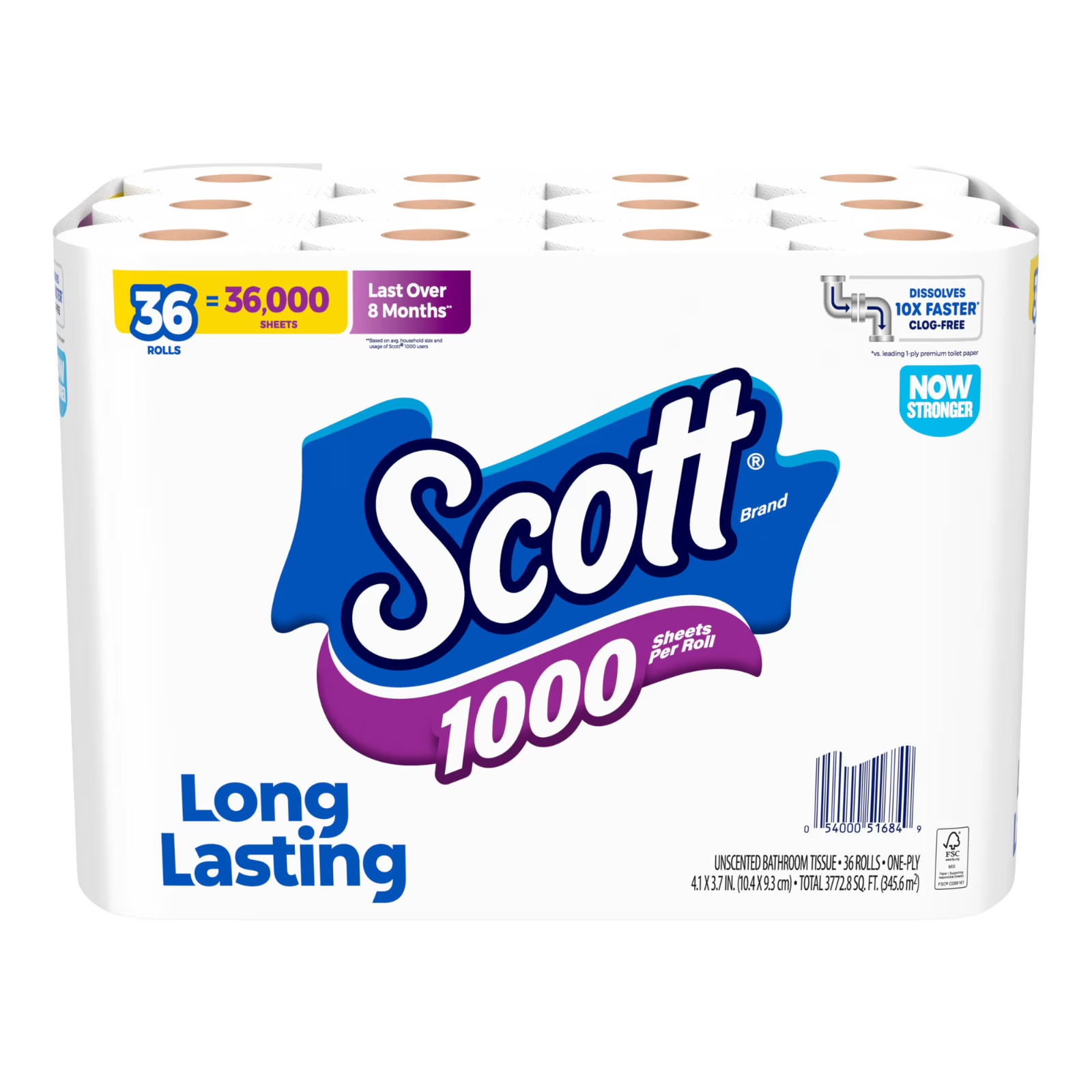 Scott 1000 Toilet Paper 36 Rolls 1-Ply Bath Tissue Long Lasting Bulk Value Pack