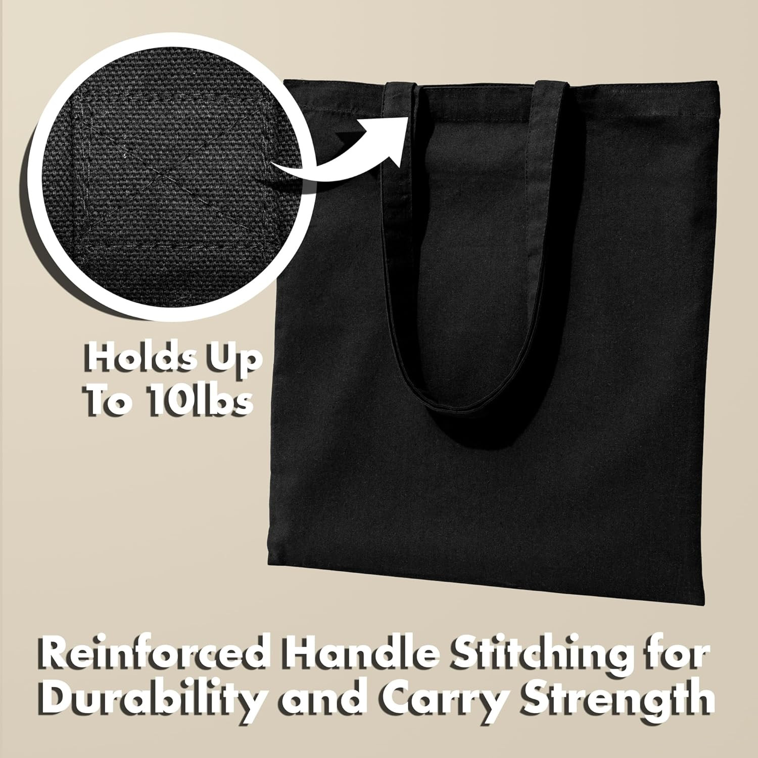 (Not Made in China) Canvas Tote Bags Black, 15″X16″, Bulk Organic Cotton Reusabl