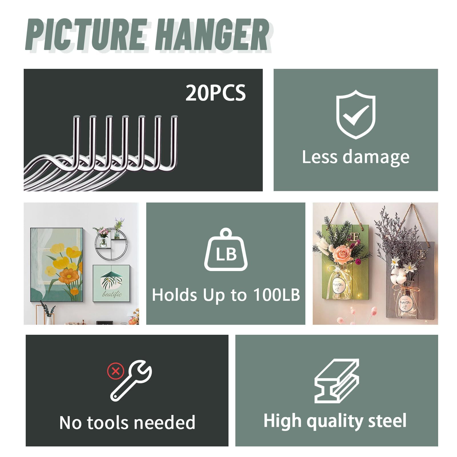 20 Pcs Picture Hanger Drywall Hooks Picture Hanging Kit Hang Art Clock Frames