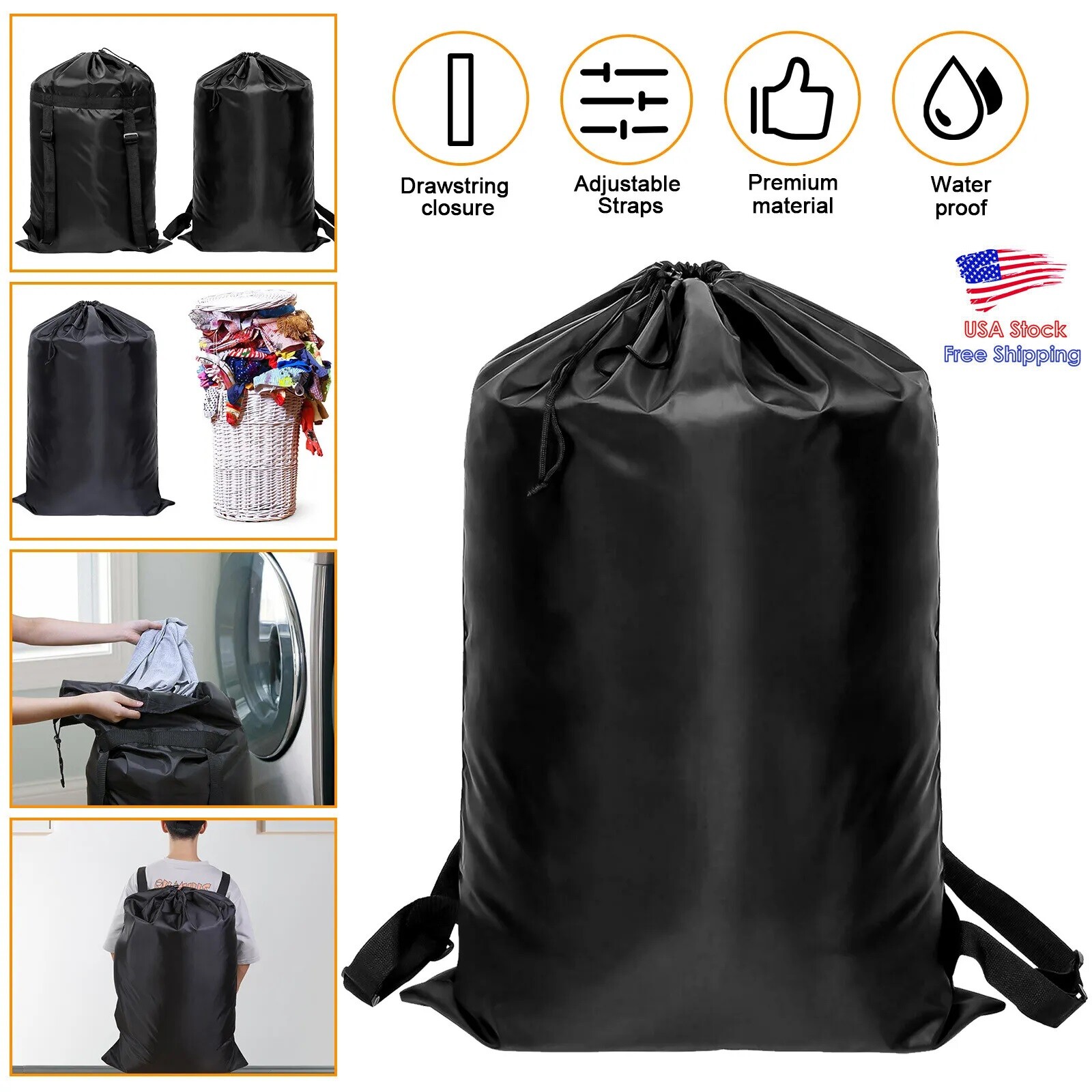 Large Drawstring Black 36*24inch Backpack Heavy Duty Washing Clothes Laundry Bag