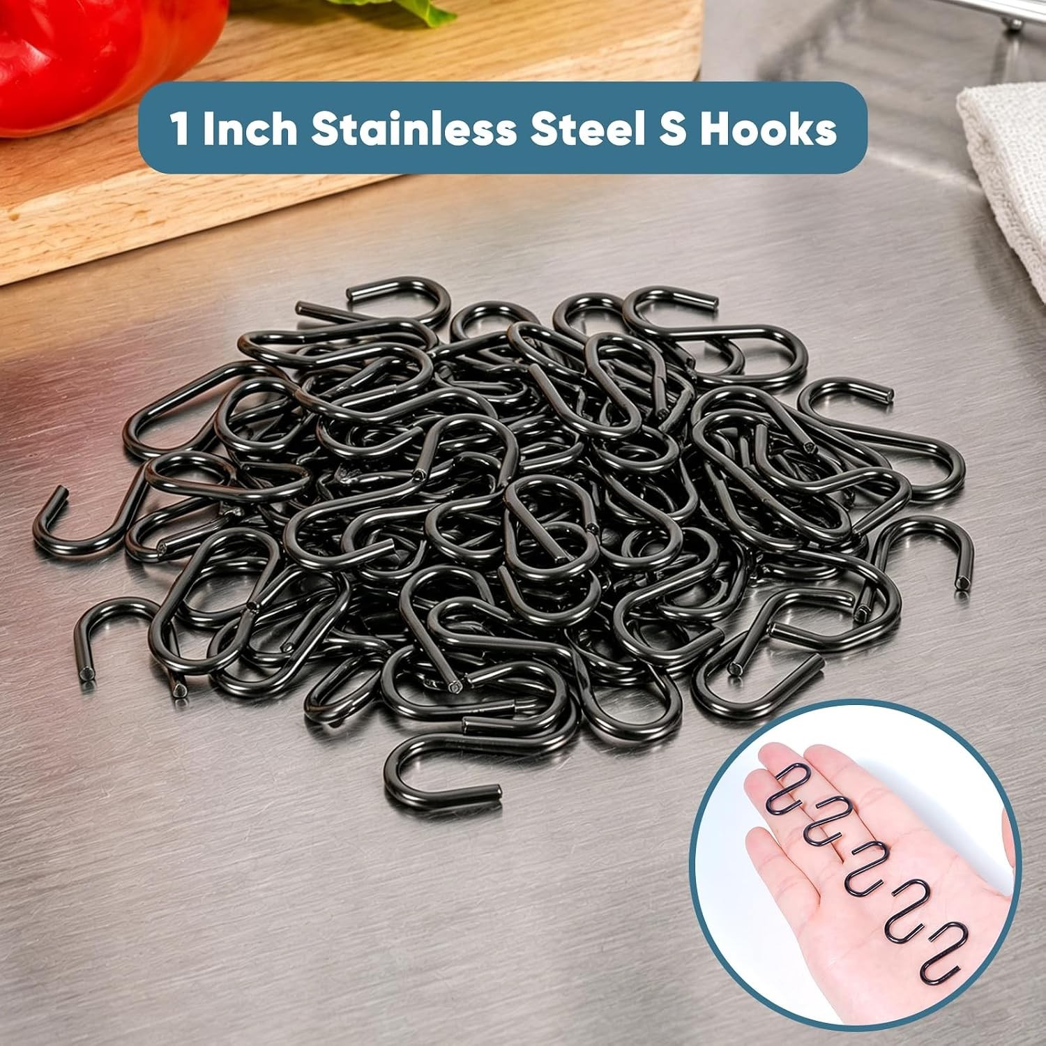 100PCS 1 Inch S Hooks, Mini Stainless Steel Black S Hooks for Hanging Plants, DI