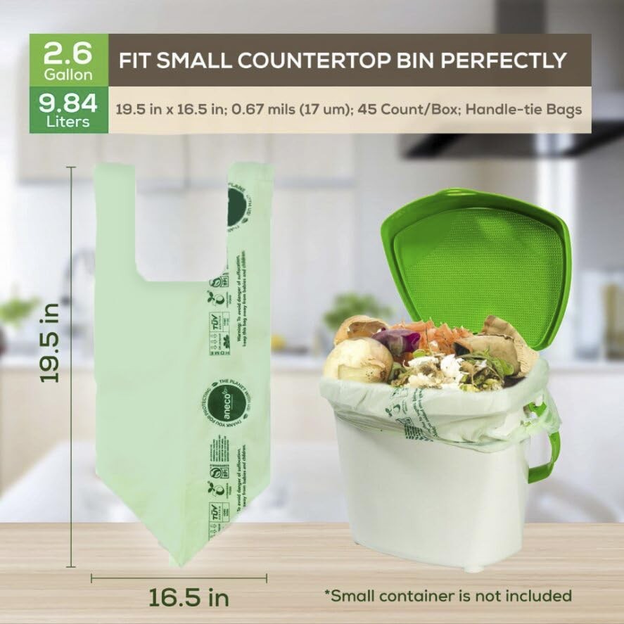 100% Compostable Food Waste Bags 2.6 Gallon With Handles, Small Compost Bags …