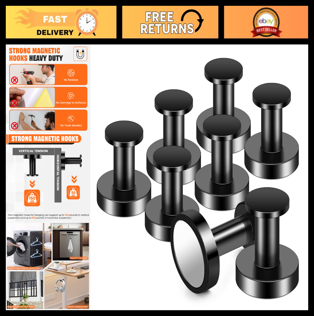 8 PCS Heavy Duty Magnetic Hooks 150lb – Strong Wreath Hanger for Home, Garage &
