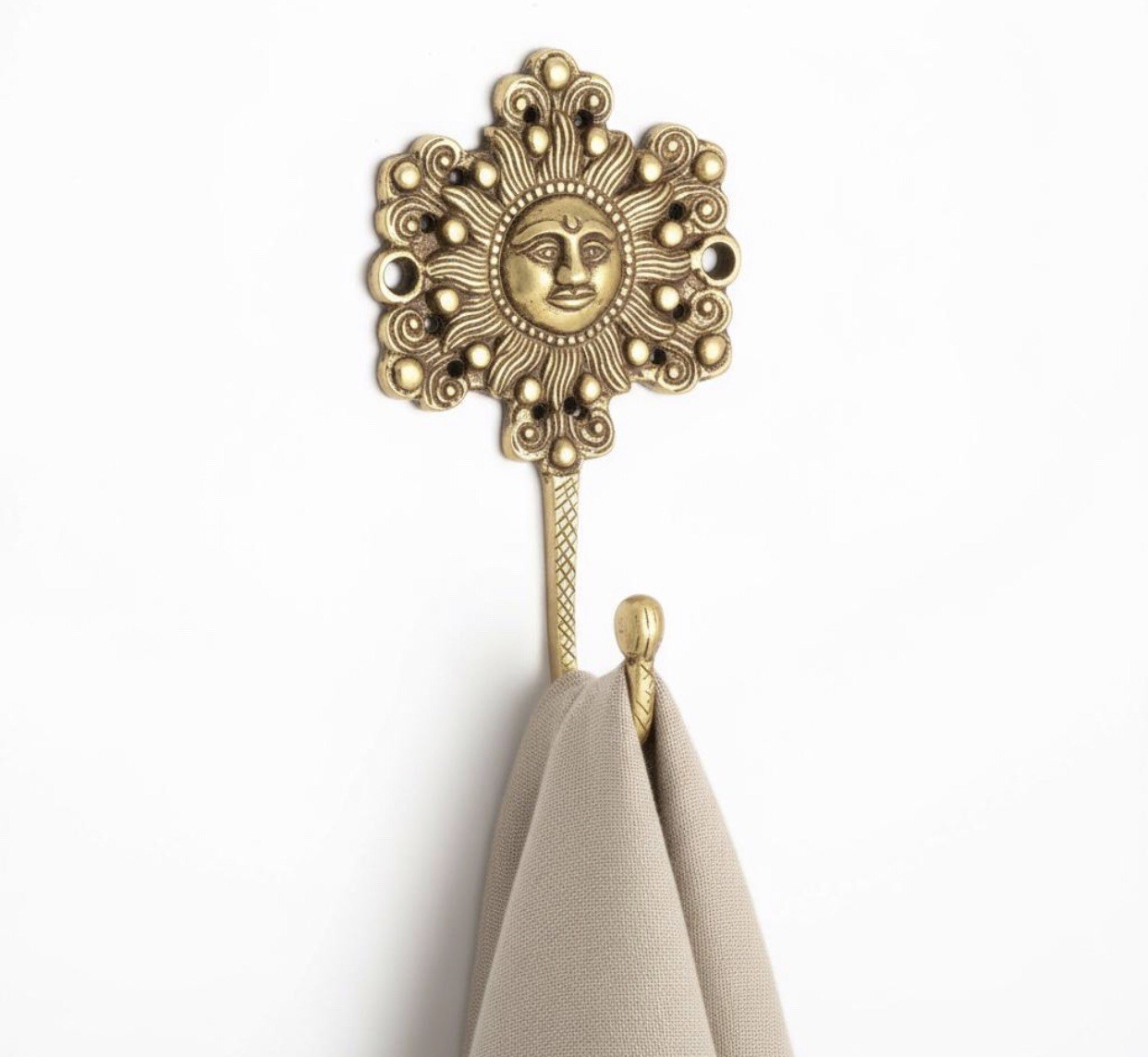 Handmade Yellow Brass Sun God Face Single Wall Hook Hanger Decorative Gift Piece
