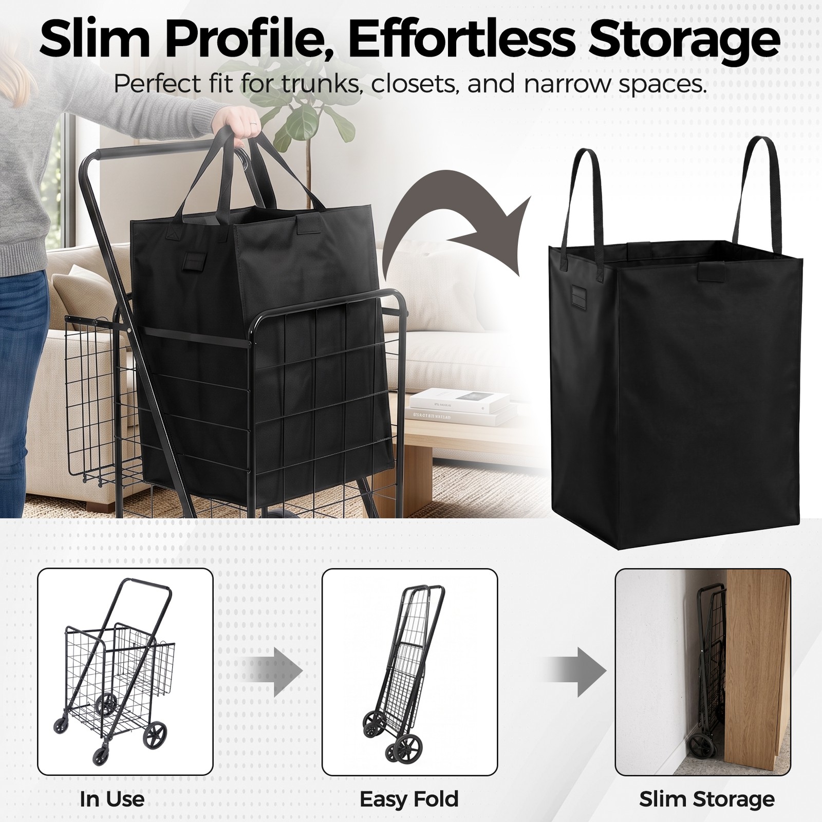 Collapsible Rolling Grocery Cart 88LB Load Capacity w/ Oxford Cloth Liner Black