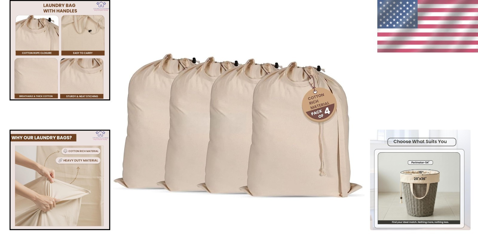 Large Cotton Laundry Bag with Drawstring – 28×36 (Pack of 4)