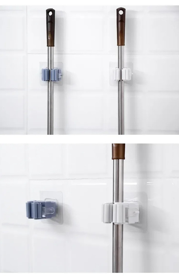 4pcs Wall Mounted Adhesive Mop Broom Clip Holder for Kitchen & Bathroom