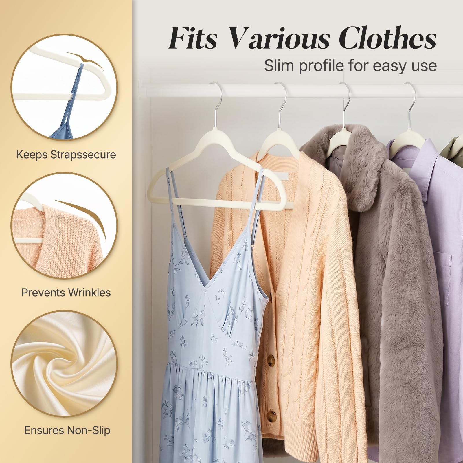 Ivory Velvet Hangers 50 Pack, Non Slip Slim Clothes Hangers 17.25 inch with 3…