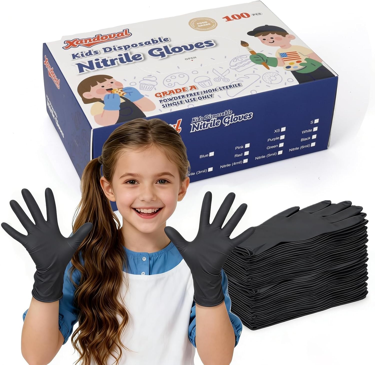 Kids Disposable Gloves for 4-8 Years, 5Mil Small Bla Nitrile Gloves for