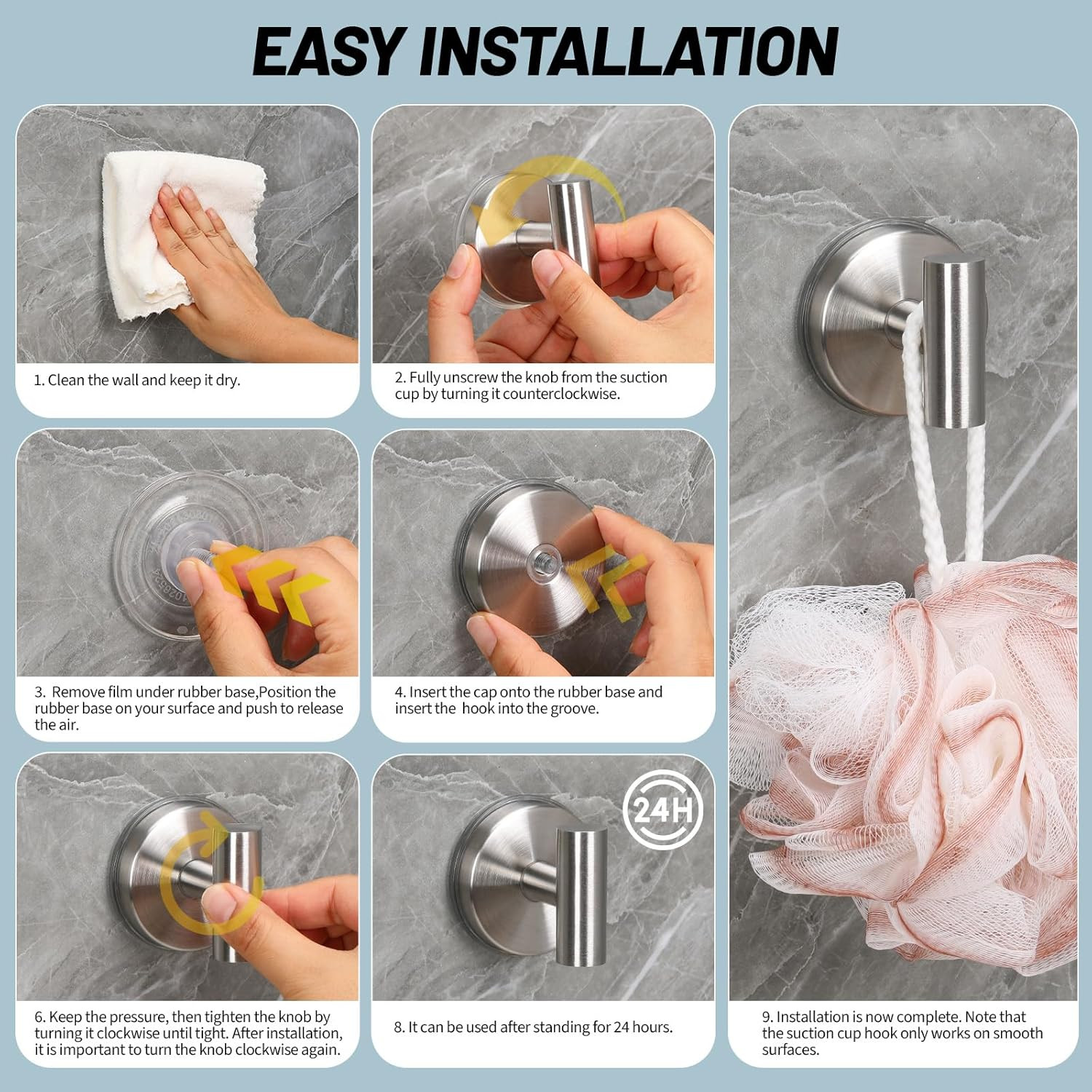 15 Lb Suction Cup Hooks for Shower, Stainless Steel Bath Towel Hooks | Removable