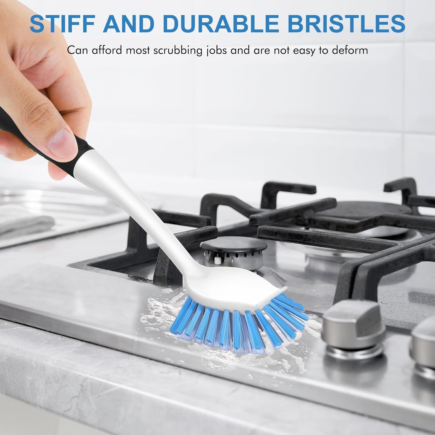 Dish Brush with Handle, 2 Pack Stiff Bristles Dish Scrubber with Built-in Scr…