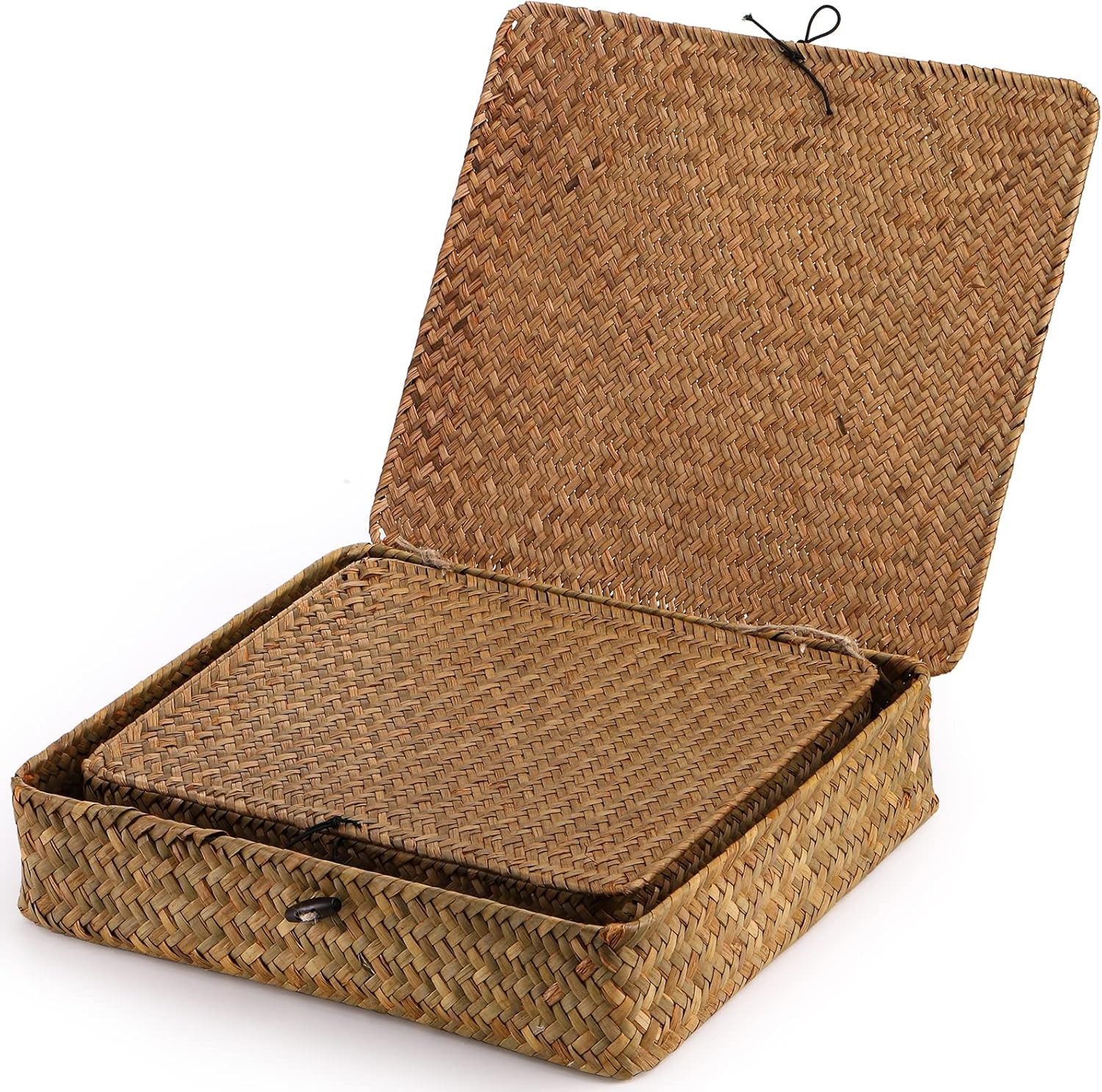 2 Pack Seagrass Baskets with Lid,Wicker Storage Baskets Flat Rattan Storage Bins