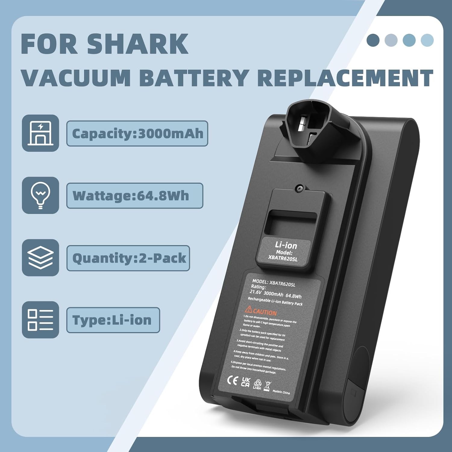 21.6V 3000mAh Battery Replacement for Shark XBATR620SL Battery Compatible