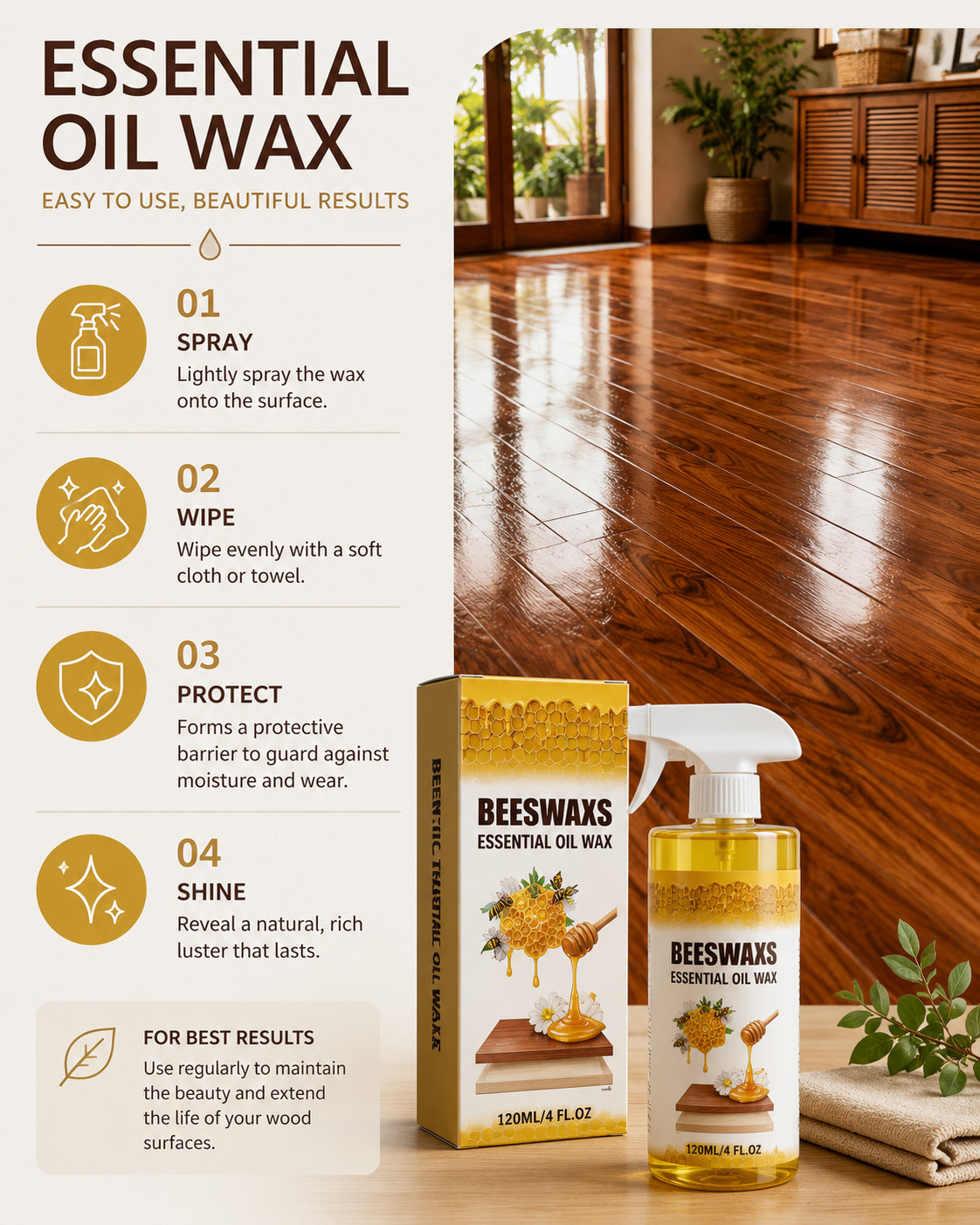 Beeswax Spray Essential Oil Wax,Multi-Purpose Furniture Polish,Wood Care Spray