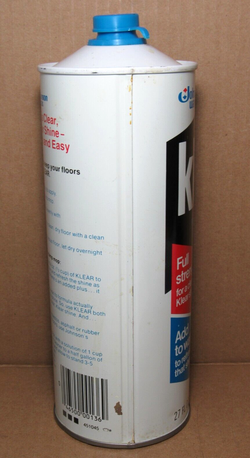 RARE Vtg Johnson Wax Klear Floor Finish Polish Shine 27 Oz 1960s Can ~ 50% Full