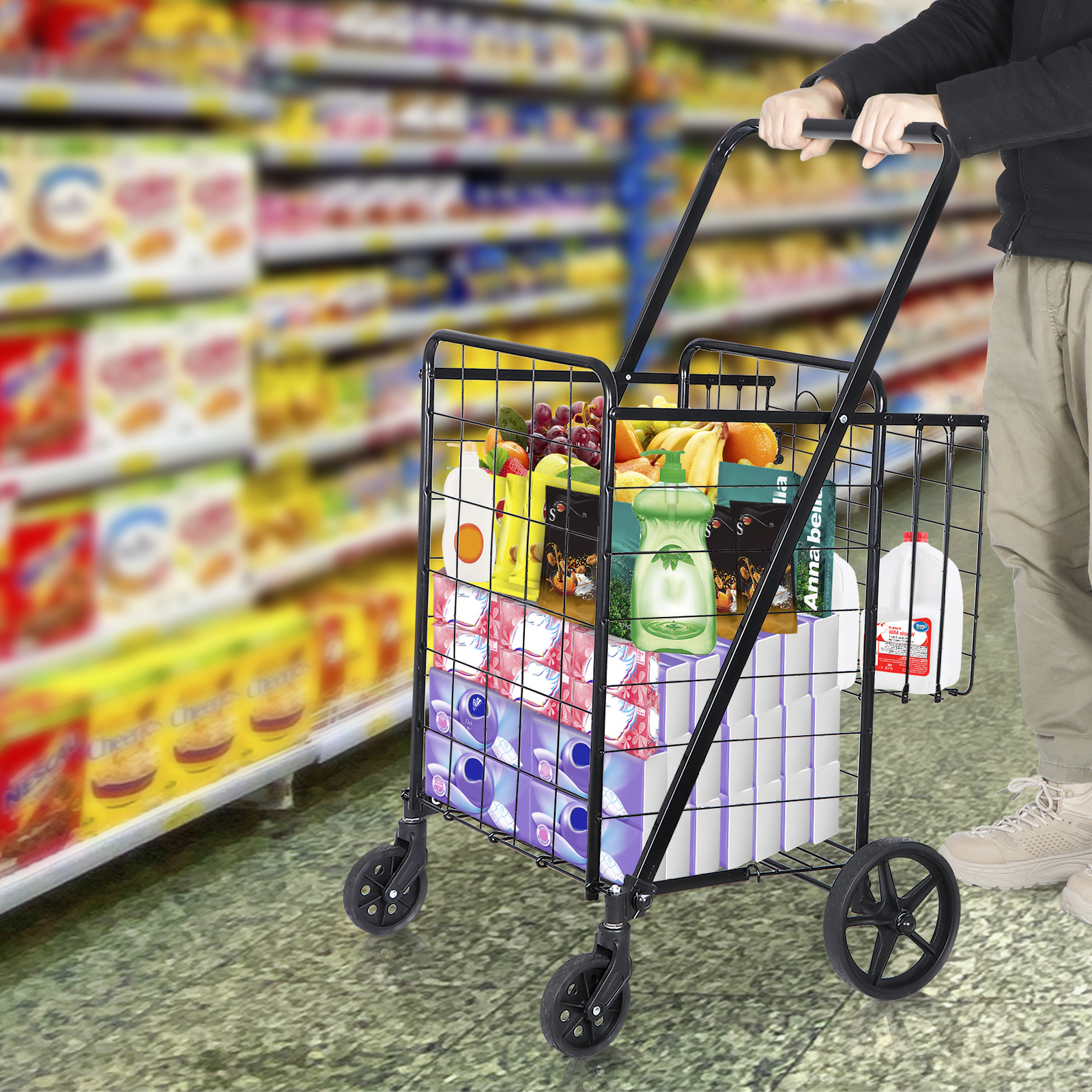 Folding Shopping Cart Rolling Trolley Utility 2 Basket W/Wheel for Laundry Black